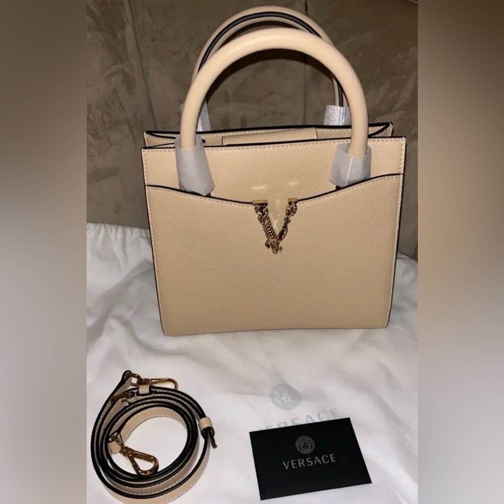 Versace grained calfskin Virtus Top handle shoulder bag in beige. NWT.